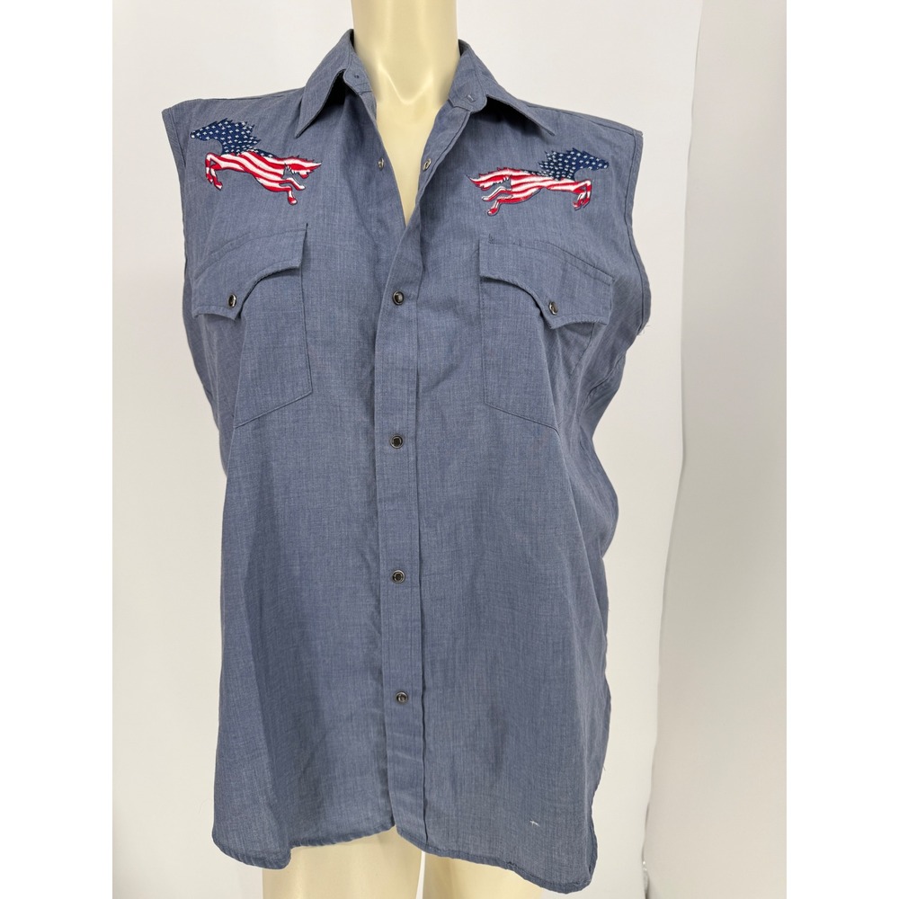 Vintage 80s Patriotic Horse Western Snap Shirt Americana Sleeveless USA Large